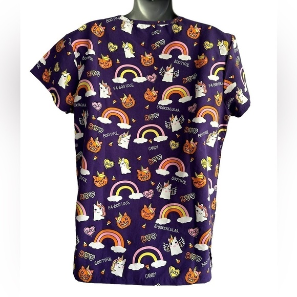 Serene Uniforms Halloween Unicorn Rainbow Cute Scrub Top• Size: Small • NWT - Picture 5 of 7
